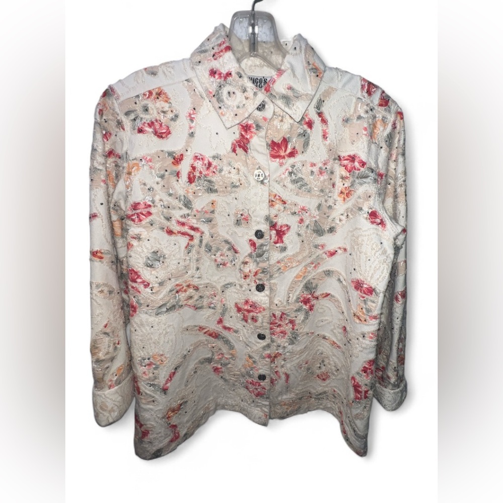 Chico's Cream and Red Floral Button-Down Shirt